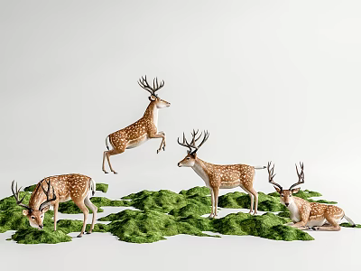 Realistic Deer Models in Various Poses on Green Grassland Background 3d model