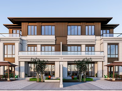 Modern Townhouse Exterior Design With Brown White Facade Large Windows And Balcony 3d model