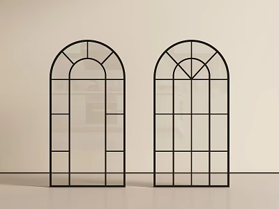 Two Black Frame Arched Windows In Light Colored Wall And Floor Interior Design 3d model
