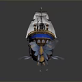 Sailing Ship Model With White Sails Golden Hull Blue Glowing Orb And Feather Decorations