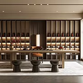 Modern Tea Room Interior Design With Wooden Shelves Tea Sets And Central Table
