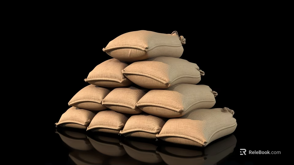 Stacked Burlap Rice Bags Pile On Black Background With Reflection 3d model 