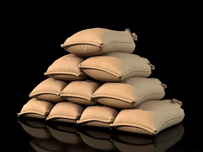 Stacked Burlap Rice Bags Pile On Black Background With Reflection 3d model