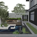 Evening Courtyard Garden with Wooden Deck Fire Pit Seating Lush Green Plants and Round Lighting