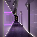 Modern Elevator Corridor Interior with Purple Lighting Arched Doorways and Shiny Floor