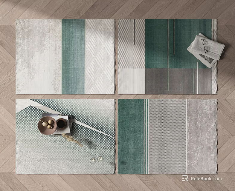 Modern Square Rugs Featuring Green Gray White Geometric Patterns And Textured Design 3d model
