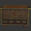 Vintage Ornate Chest With Red Yellow Brown Colors Hexagonal Center Design And Red Footed Base