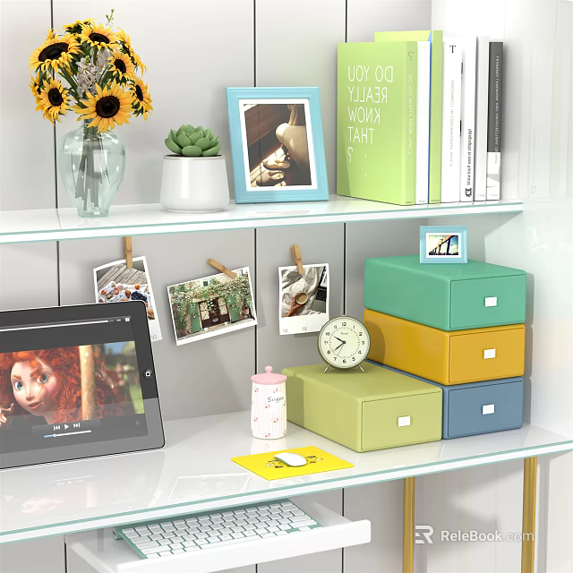 Wall Cabinet with Sunflowers Photo Frames Colorful Drawers Books and Tablet 3d model 