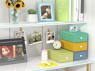 Wall Cabinet with Sunflowers Photo Frames Colorful Drawers Books and Tablet 3d model