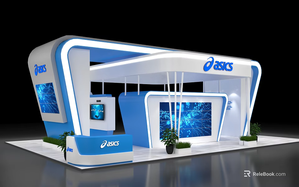 ASICS Blue And White Exhibition Booth With Illuminated Strips Reception Desk Displays Green Plants 3d model 