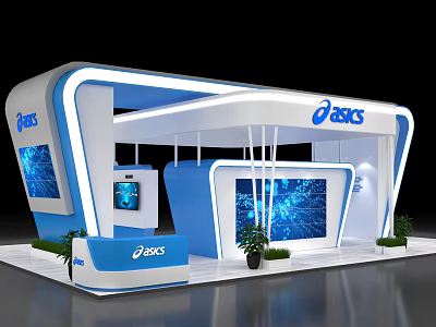 ASICS Blue And White Exhibition Booth With Illuminated Strips Reception Desk Displays Green Plants 3d model