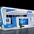ASICS Blue And White Exhibition Booth With Illuminated Strips Reception Desk Displays Green Plants