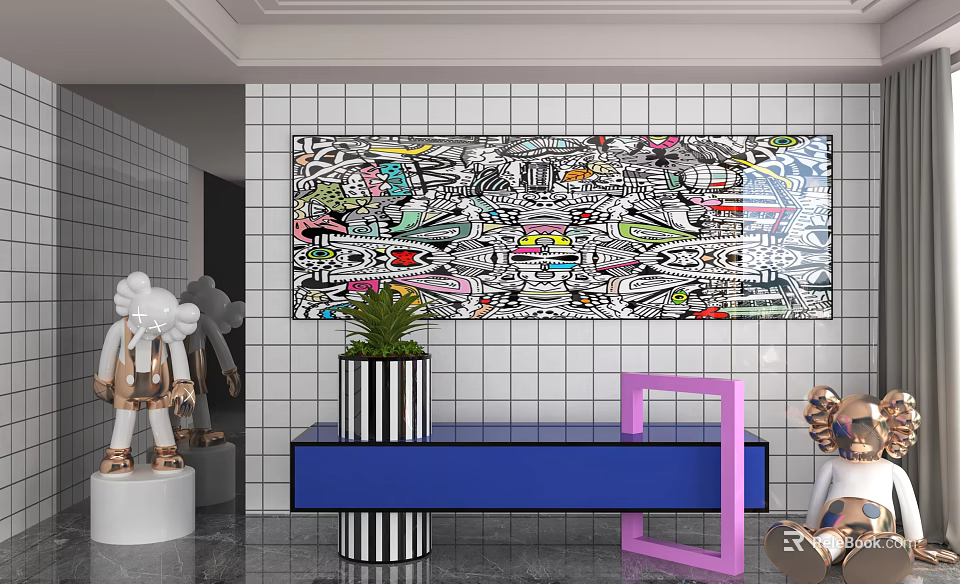 Modern Casual Lounge Area With Large Graffiti Artwork Blue Bench And Sculptures 3d model 