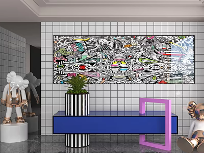 Modern Casual Lounge Area With Large Graffiti Artwork Blue Bench And Sculptures 3d model