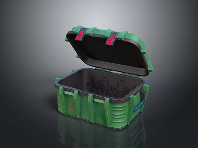 Green Storage Box With Open Lid Red Straps Black Interior And Blue Label 3d model