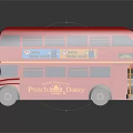 Red Double Decker Bus With Peach Daisy Branding And Colorful Side Advertisements