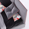 Gray Upholstered Double Bed With Black Bedding And Floral Pattern Pillows 3d model