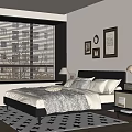 Modern Bedroom Interior Design With Blinds Framed Pictures Clock Nightstand Table Lamp And Rug
