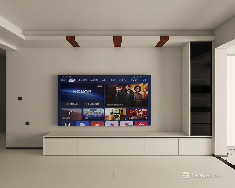 Modern White TV Stand With TV Displaying HONOR Interface Storage Cabinets And Open Shelves 3d model 