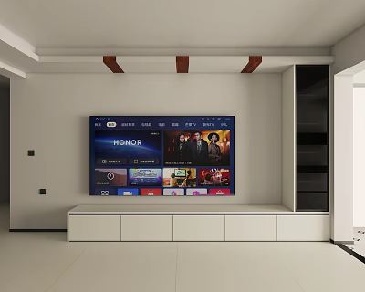 Modern White TV Stand With TV Displaying HONOR Interface Storage Cabinets And Open Shelves 3d model