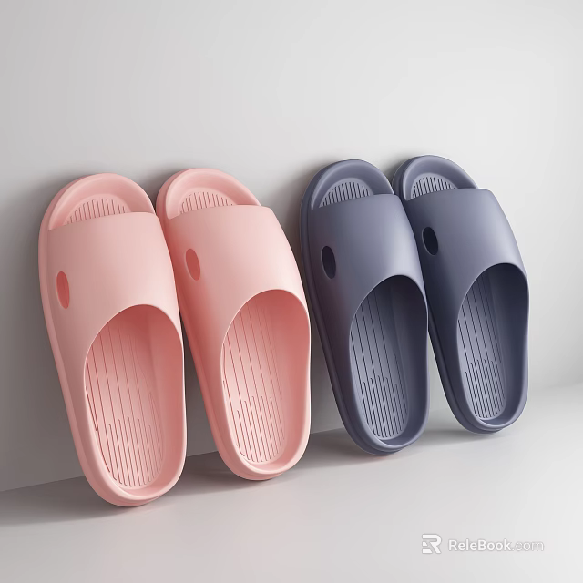 Two Pairs Of Pink And Blue Indoor Non Slip Perforated Slippers Leaning Against White Wall 3d model 