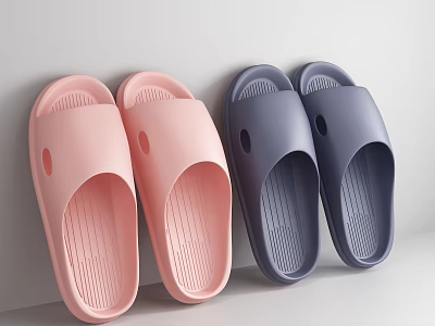 Two Pairs Of Pink And Blue Indoor Non Slip Perforated Slippers Leaning Against White Wall 3d model