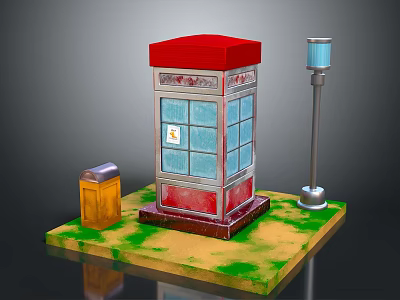 Scene With Red Roof Glass Telephone Booth Street Lamp Trash Can On Sandy Grass Ground 3d model
