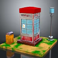 Scene With Red Roof Glass Telephone Booth Street Lamp Trash Can On Sandy Grass Ground