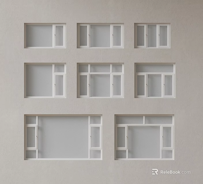 Casement Windows White Framed Different Styles Arranged On Gray Wall 3d model 