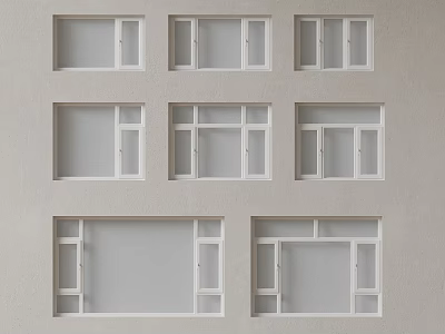 Casement Windows White Framed Different Styles Arranged On Gray Wall 3d model