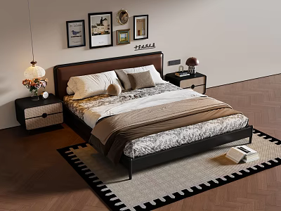 Double Bed With Brown Headboard Pillows Quilt Nightstand Lamp Wall Paintings Wooden Floor Rug 3d model