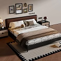 Double Bed With Brown Headboard Pillows Quilt Nightstand Lamp Wall Paintings Wooden Floor Rug
