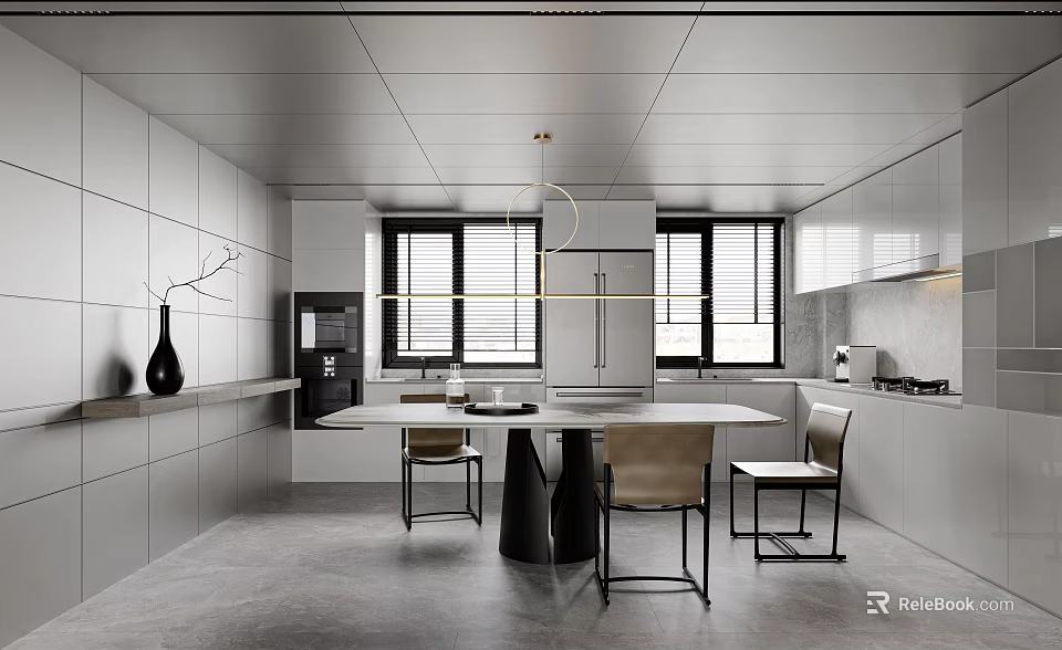 Modern Kitchen Interior With White Cabinets Island Dining Table Chairs Windows Shutters And Pendant Light 3d model 