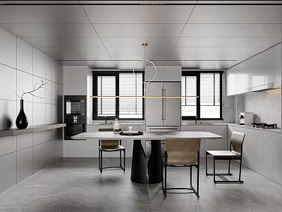 Modern Kitchen Interior With White Cabinets Island Dining Table Chairs Windows Shutters And Pendant Light 3d model