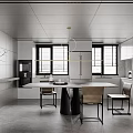 Modern Kitchen Interior With White Cabinets Island Dining Table Chairs Windows Shutters And Pendant Light