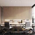 Modern Public Office Space With Wooden Walls Large Windows City View And Round Meeting Table