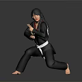 Game Movie Female Character In Black Taekwondo Uniform With White Belt And Martial Arts Stance