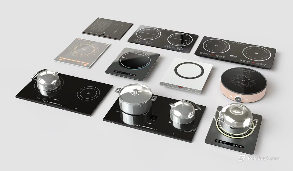 Various Different Styles Of Modern Induction Cooktops With Silver Cooking Pots 3d model 