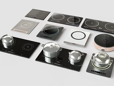 Various Different Styles Of Modern Induction Cooktops With Silver Cooking Pots 3d model