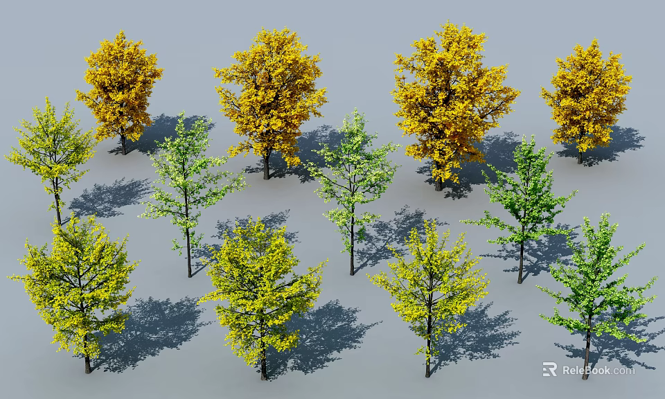 Various Yellow And Green Arbor Trees Arranged With Shadows On Gray Background 3d model 
