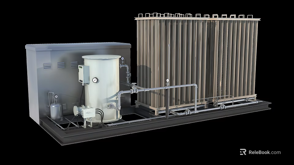 Industrial Equipment With Metal Frame Pipeline System Storage Tank And Control Components 3d model 