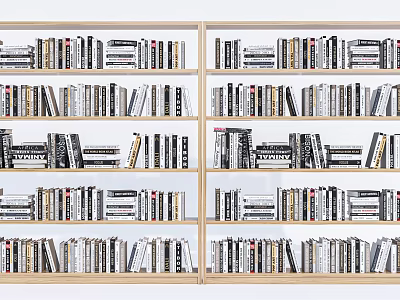 Modern Wooden Bookshelf With Multiple Shelves Filled With Stacked Books 3d model