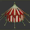 Red and White Striped Circus Style Tent With Pointed Top Support Ropes And Decorative Balls