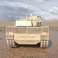 Modern Military Tank With Large Gun Barrel On Desert Terrain Under Sky
