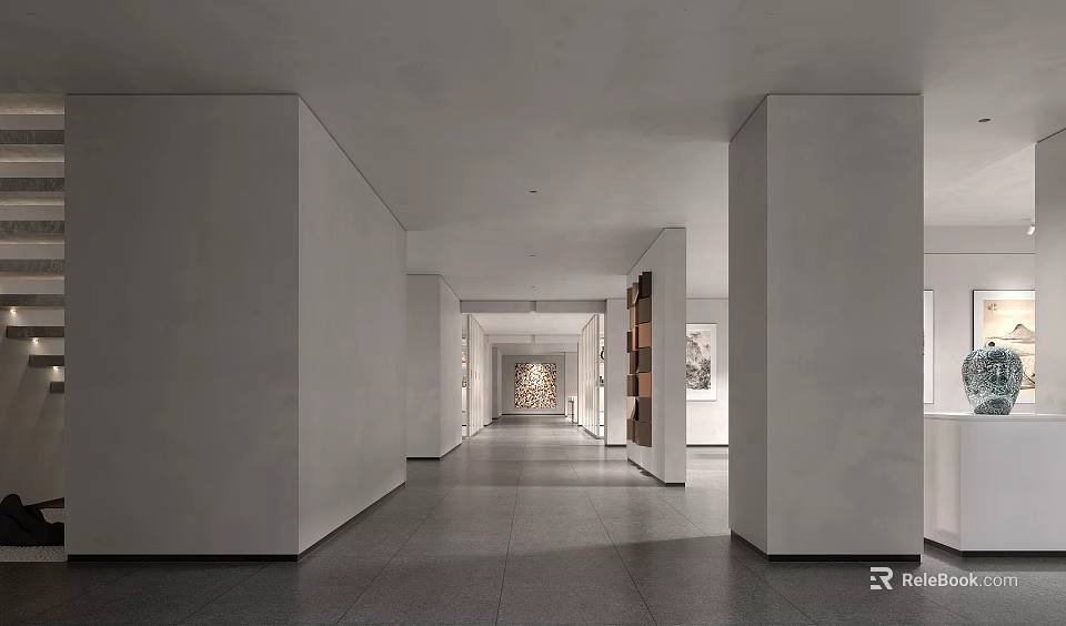 Modern Elevator Hallway With White Walls Gray Floor Columns And Decorative Artworks 3d model 