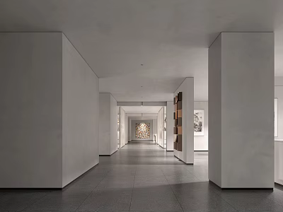 Modern Elevator Hallway With White Walls Gray Floor Columns And Decorative Artworks 3d model