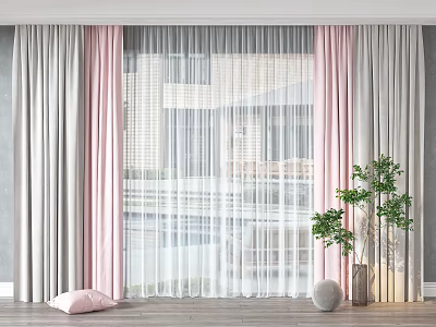 Gray and Pink Curtains with Transparent Sheer by Window Living Room Indoor Plants Pink Cushion 3d model