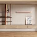 Modern Wooden Shelf Cabinet With Multiple Shelves Drawers And Decorative Art In Interior Space