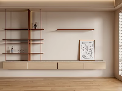 Modern Wooden Shelf Cabinet With Multiple Shelves Drawers And Decorative Art In Interior Space 3d model