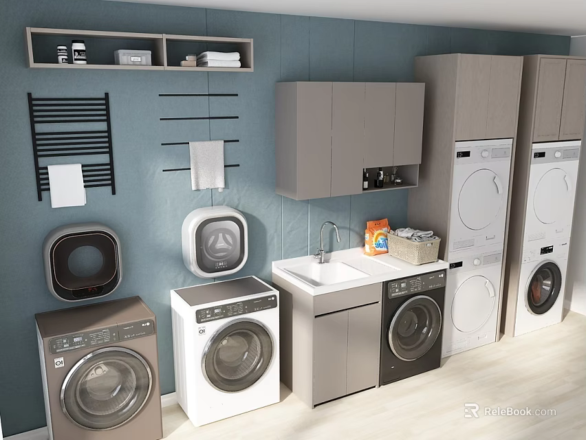 Modern Laundry Room With Washing Machines Dryers Sink Cabinets And Shelves 3d model 